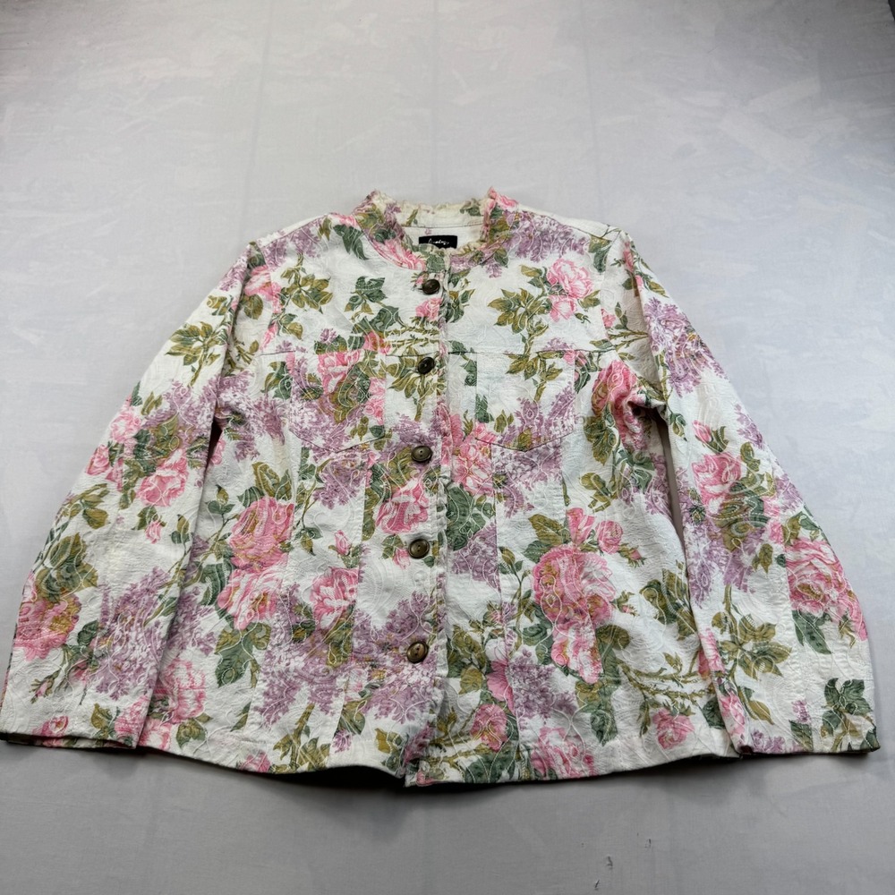 Analogy Denim Jacket Women L Pink White Floral Long Sleeve Stretch Button Front